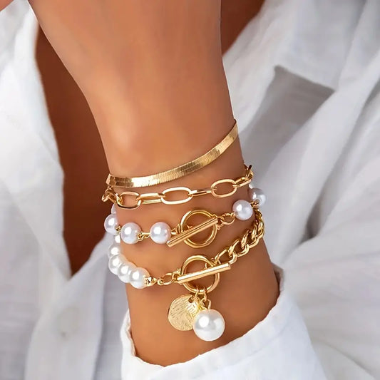 Ensemble de bracelets chic en or 4 pièces – Serpent, perles et maillons